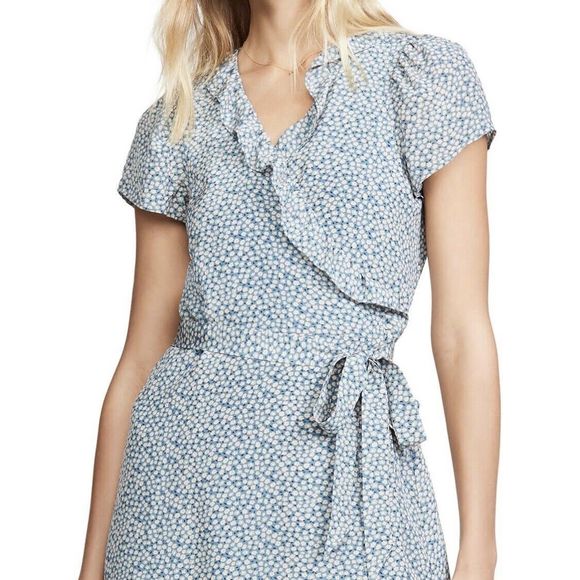 Madewell Womens Ruffle Edge Silk Wrap Dress Size M Bitsy Ditsy Floral Blue Lined - Picture 3 of 14